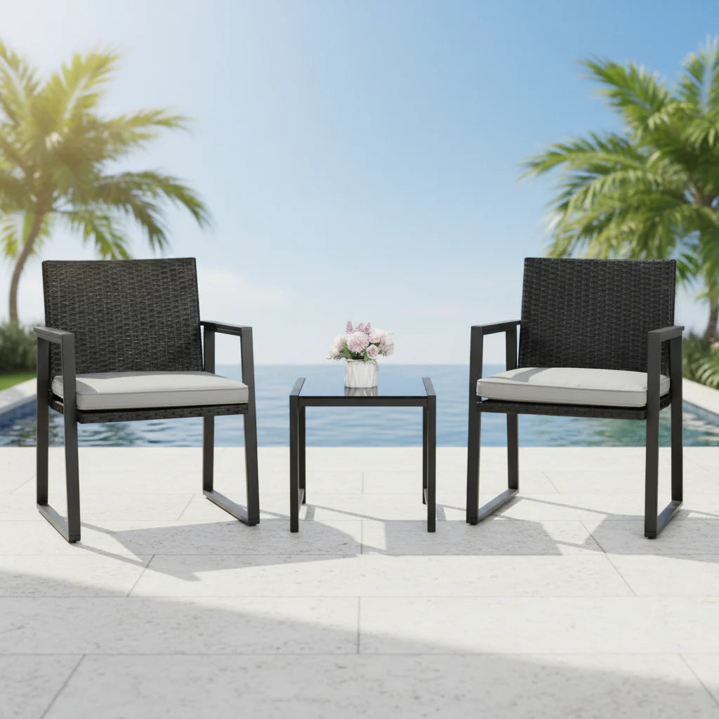 Outdoor Wicker Bistro Set with 2 Chairs & Table