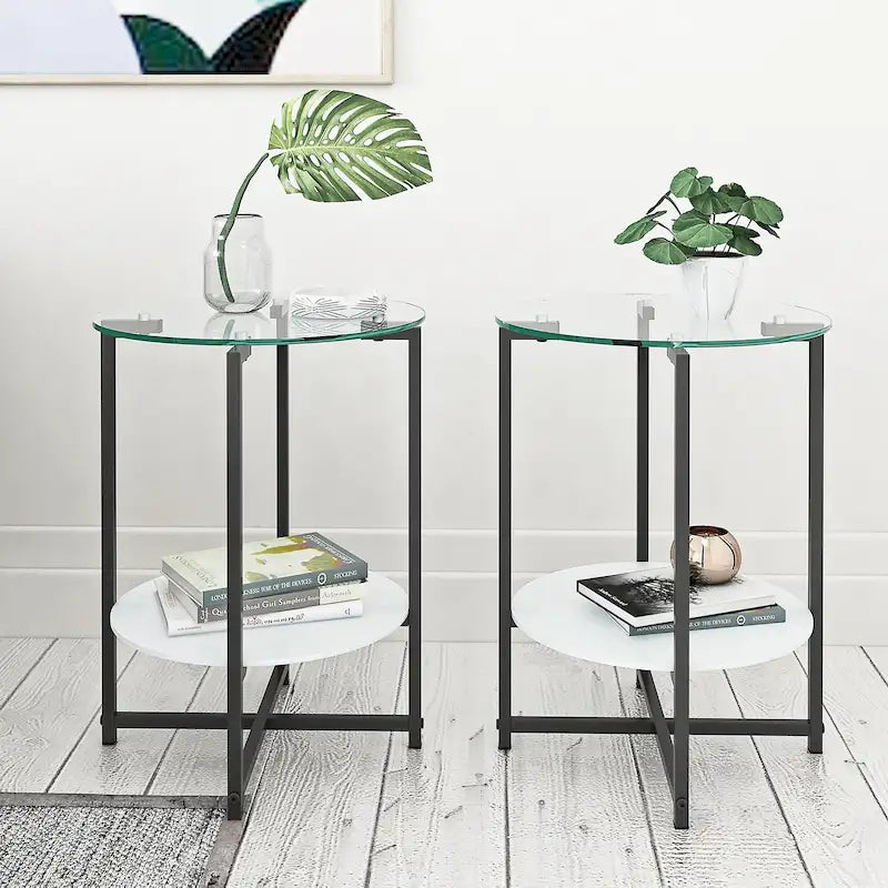 Black 2-Piece Tempered Glass End Table Set - Round Coffee Table for Bedroom, Living Room, and Office
