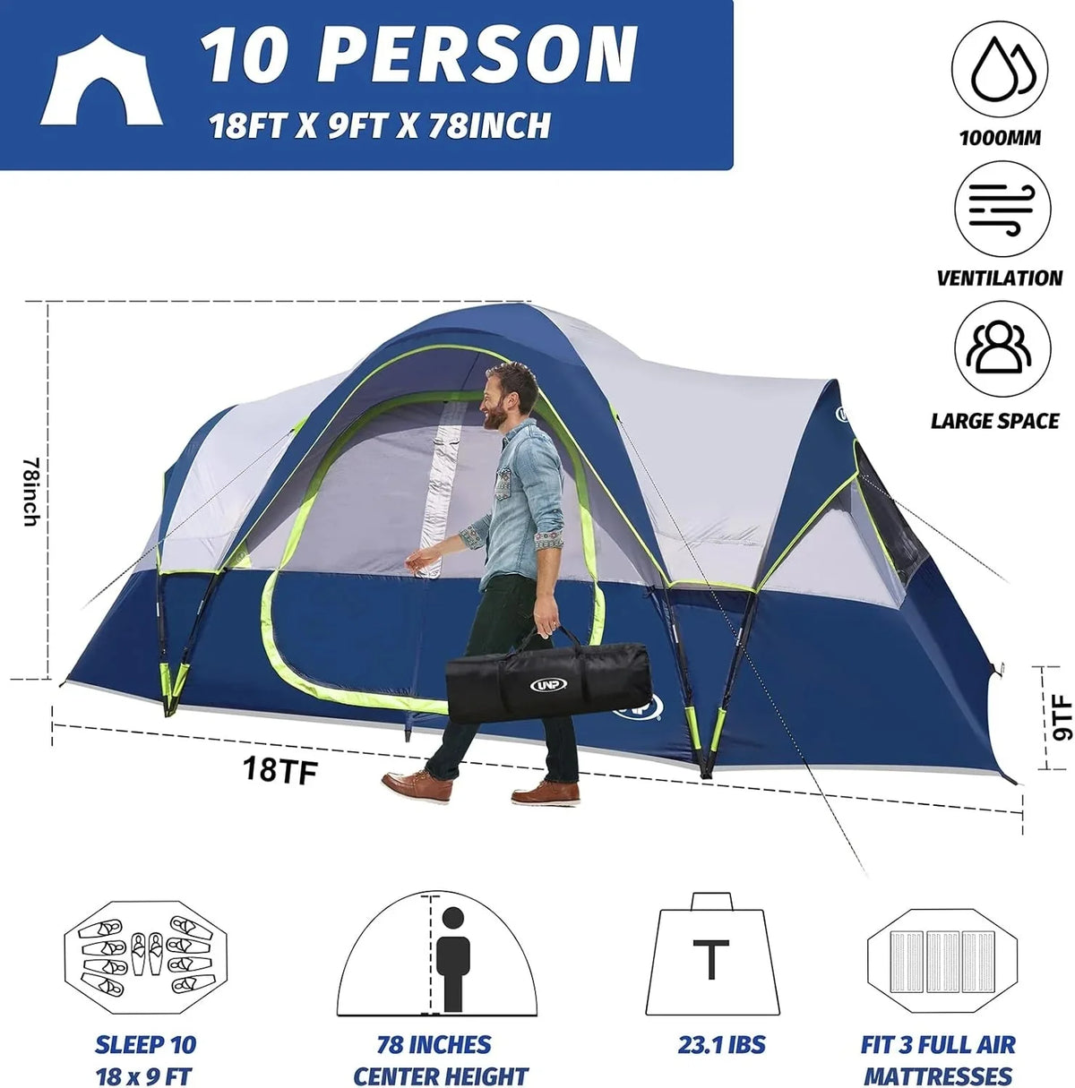 UNP Camping Tent 10-Person-Family Tents, Parties, Music Festival Tent, Big, Easy Up, 5 Large Mesh Windows, Double Layer, 2 Room, Waterproof, Weather Resistant, 18ft x 9ft x78in