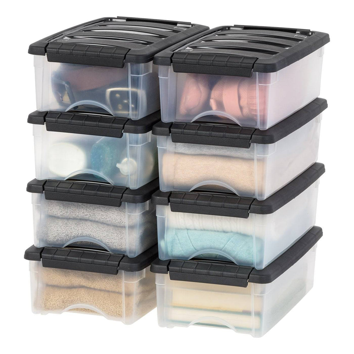 Plastic Storage Bins, Stackable Storage Container with Secure Latching Buckles and Black Lid, 5 Qt.