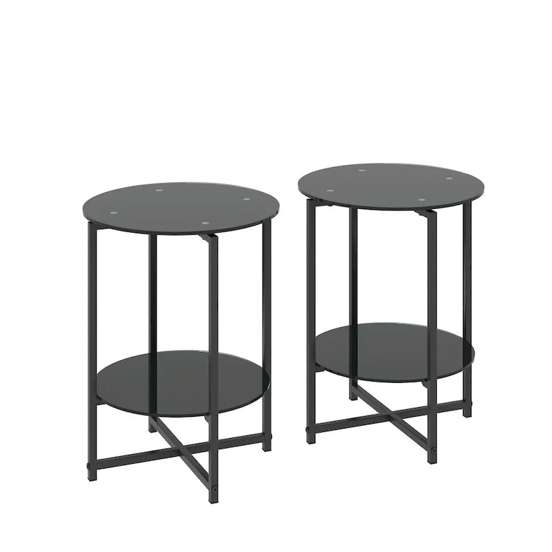 Black 2-Piece Tempered Glass End Table Set - Round Coffee Table for Bedroom, Living Room, and Office