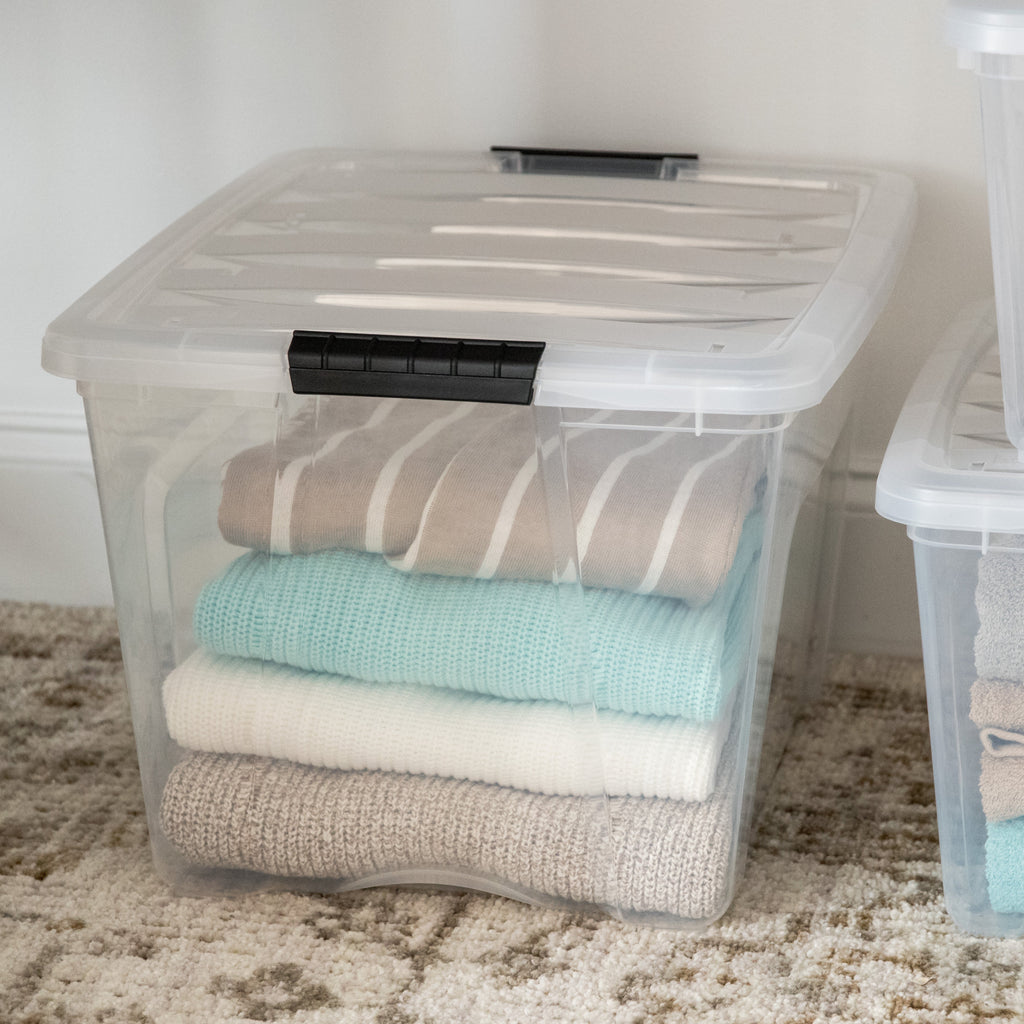 19, 32, and 53 Quart Stack & Pull Box, Clear with Black Handles, Nestable and Stackable
