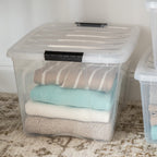 19, 32, and 53 Quart Stack & Pull Box, Clear with Black Handles, Nestable and Stackable