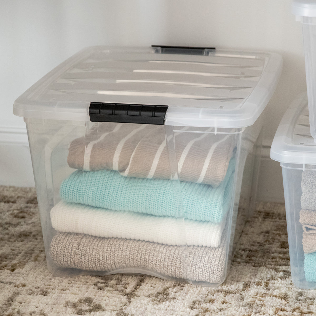 19, 32, and 53 Quart Stack & Pull Box, Clear with Black Handles, Nestable and Stackable