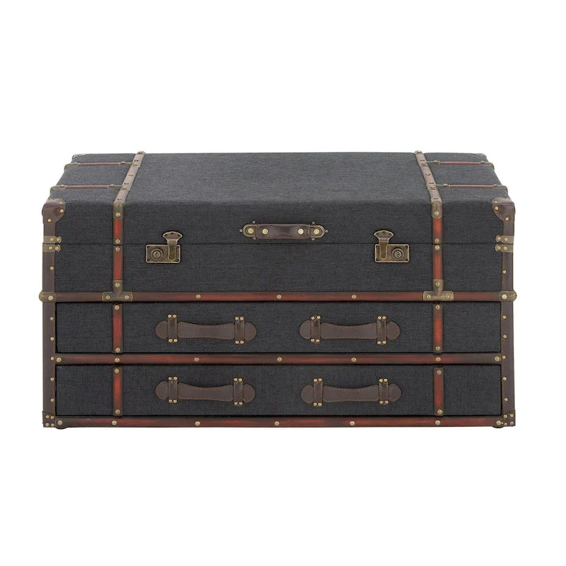 Roche River Decor Faux Leather or Linen Fabric Coffee Table Trunk with 2 Drawers and Buckle Hinged Top - Available in Dark Blue or Brown
