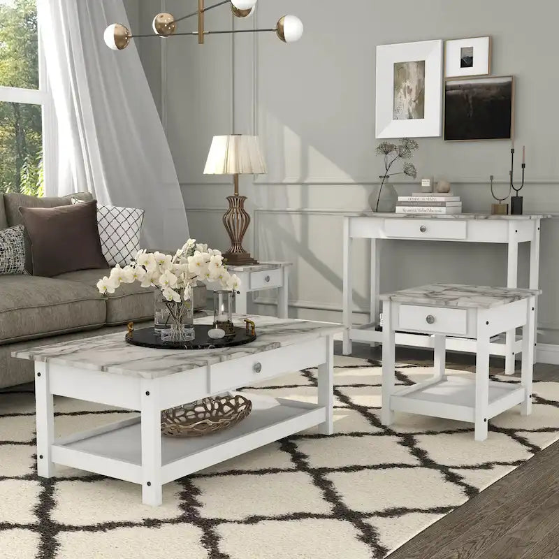 Denhour DH BASIC 4-Piece Open-Shelf Coffee Table Set with Drawer in Transitional Rubberwood
