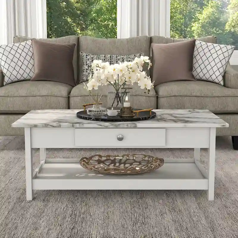 Denhour DH BASIC 4-Piece Open-Shelf Coffee Table Set with Drawer in Transitional Rubberwood