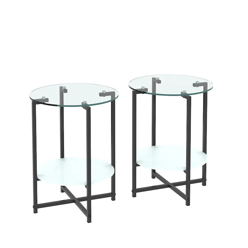 Black 2-Piece Tempered Glass End Table Set - Round Coffee Table for Bedroom, Living Room, and Office