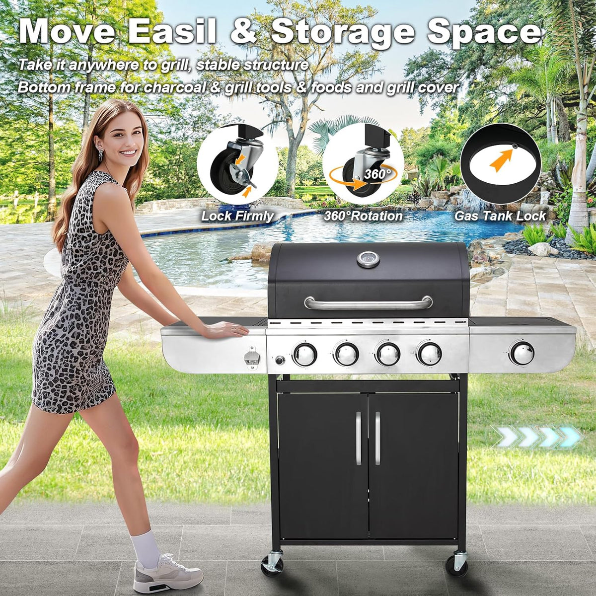 Upgraded 4 Burner BBQ Propane Gas Grill with Cast Iron Grates & Side Stove, 44,000 BTU Stainless Steel Burner Barbecue Grill for Patio, Camping, Outdoor Cooking.