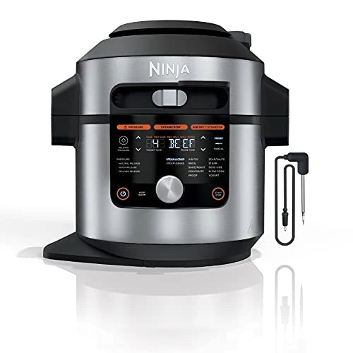 OL701 14 in 1 SMART XL 8 Qt. Pressure Cooker Steam Fryer with SmartLid & Thermometer Auto Steam Release, that Air Fries, Proofs & More, 3 Layer Capacity, 5 Qt. Crisp Basket, Silver/Black