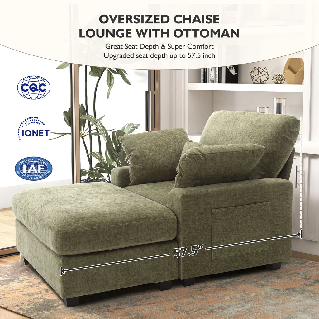 BedLuxury Oversized Accent Chair with Ottoman for Living Room, Single Sleeper Sofa Armchair with 3 Pillows, Lounge Sofa Bed, Green