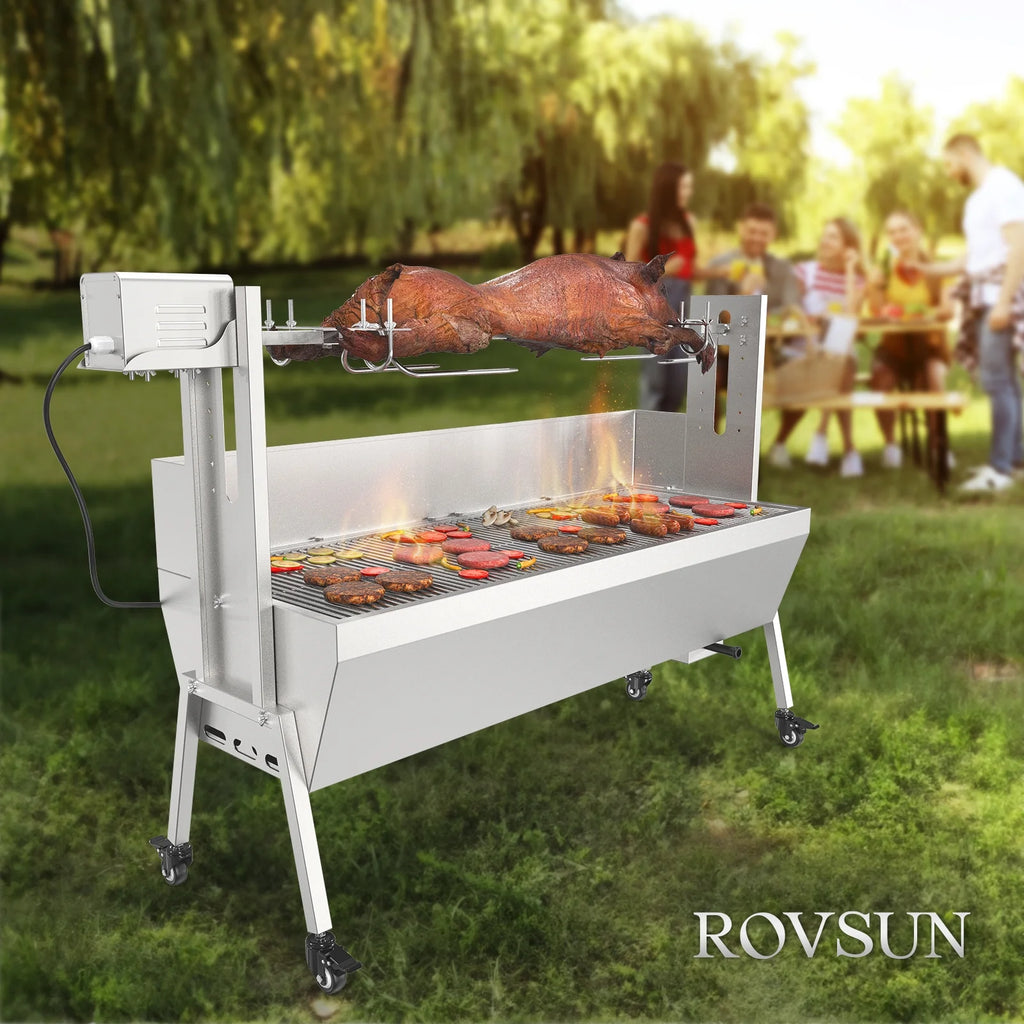 RovSun 46 Electric Rotisserie Grill 176 lbs Capacity 25w Pig Lamb Spit Roaster Rotisserie w/Lockable Wheels Wind Baffle with Adjustable Height