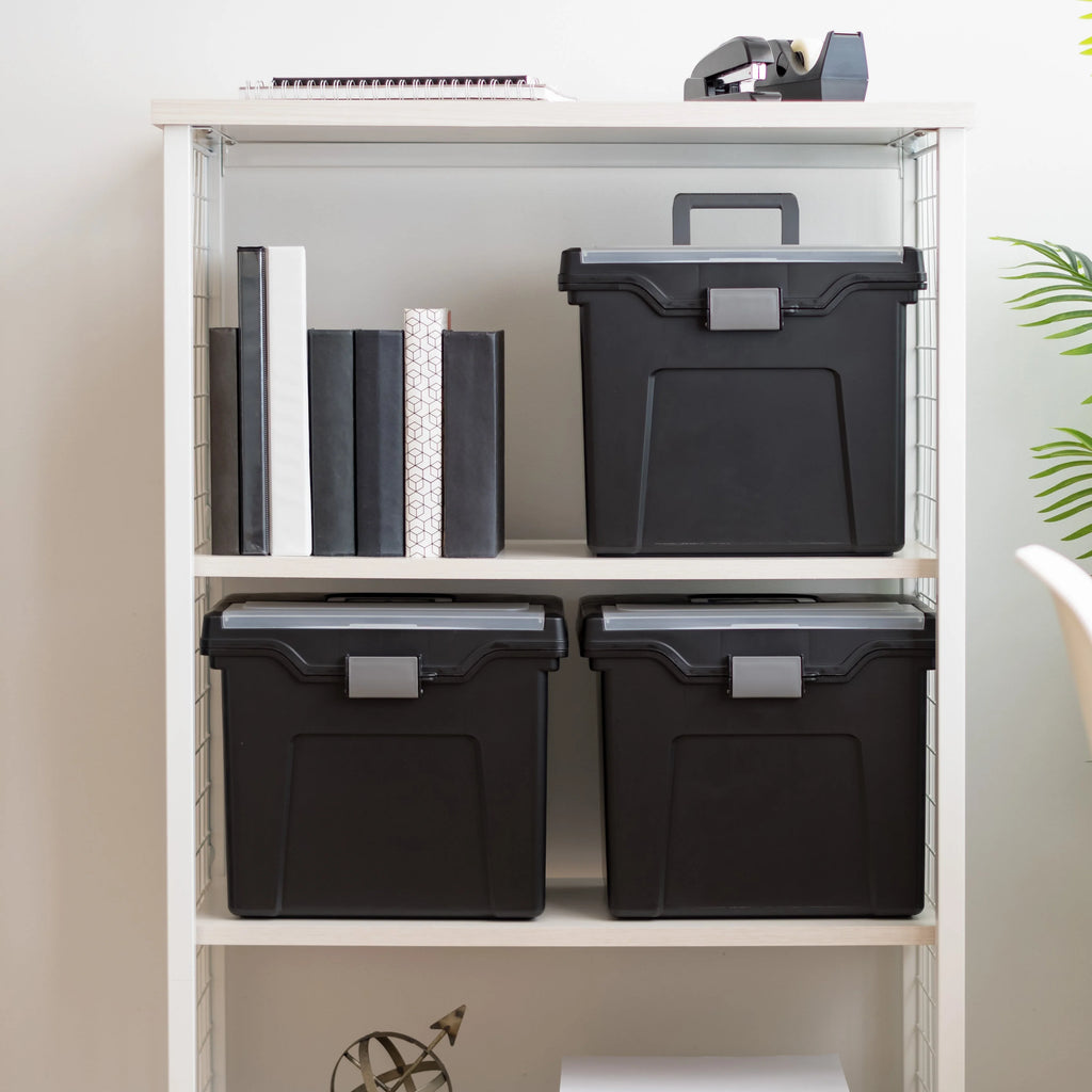 Plastic Office Storage Portable Letter File-Box with Organizer-Lid, Black