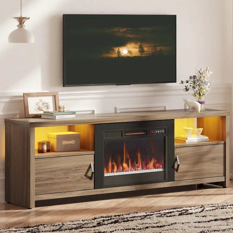 71-Inch TV Stand for 75-Inch TVs with LED Fireplace and Storage Cabinet
