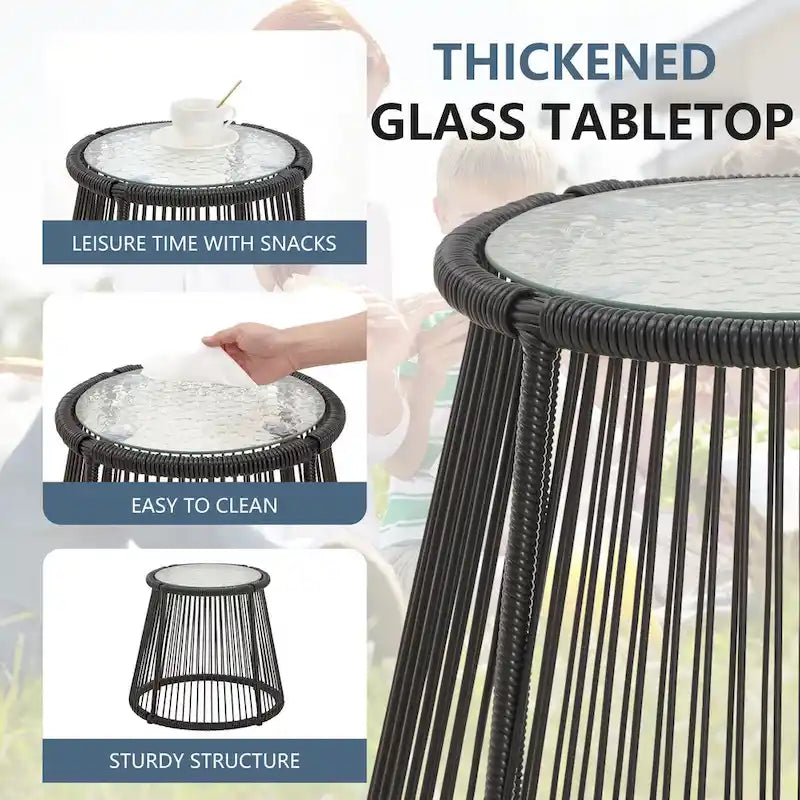 3-Piece Patio Conversation Bistro Set, Outdoor Rattan Furniture Set with Glass Table & 2 Wide Armchairs, Seat Cushions