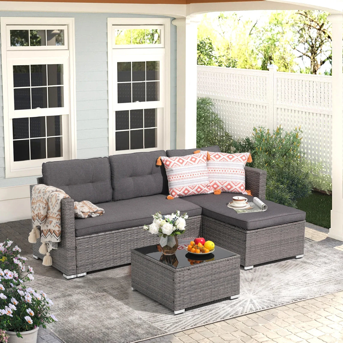 JOIVI 3 Pieces Patio Conversation Set, PE Wicker Rattan Outdoor Furniture Set, 2 Ways Small Sectional Sofa, Tempered Glass Coffee Table, Silver-Gray