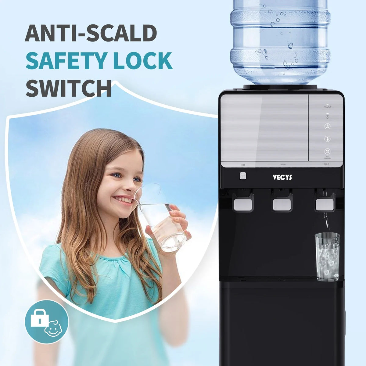 VECYS 3 5 gal Water Dispenser with Ice Maker, 27LBS Daily Ice & Child Lock