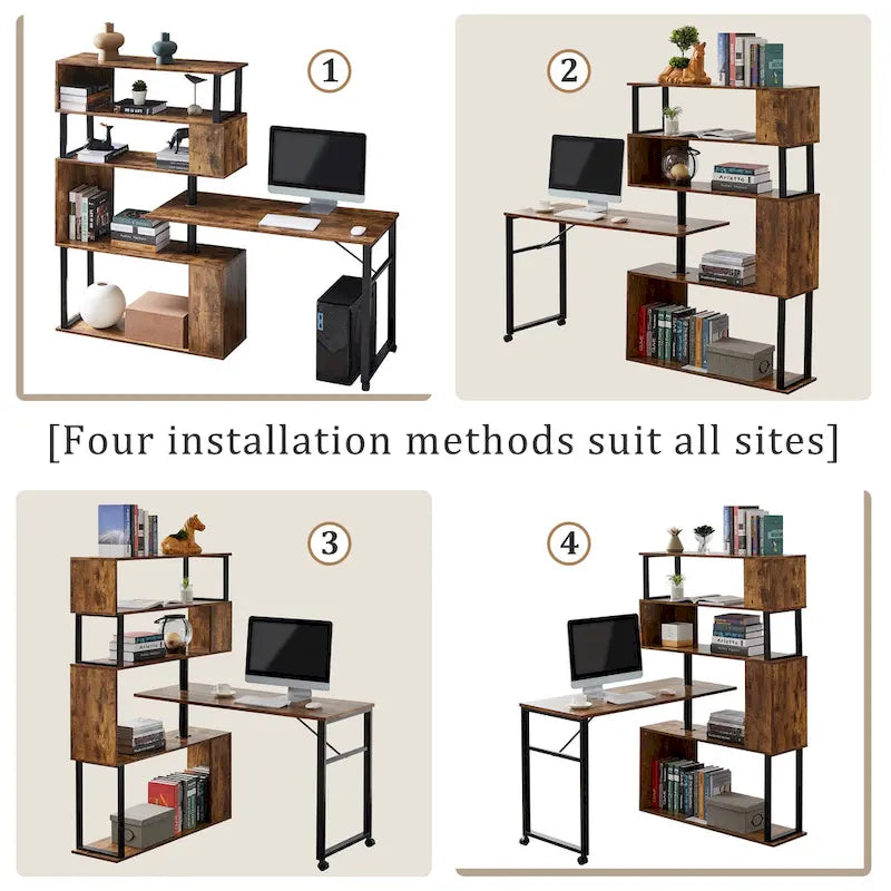 Modern Computer Desk with 5-Tier Shelves – Space-Saving Rotatable Workstation