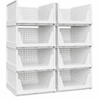 8-Pack Stackable Closet Storage Bins with Pull-Out Rails, White Foldable PP Organizers