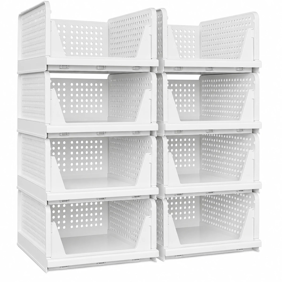 8-Pack Stackable Closet Storage Bins with Pull-Out Rails, White Foldable PP Organizers