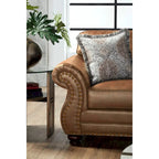 Roundhill Furniture Leinster Brown Fabric Sofa and Loveseat with Nailhead Trim