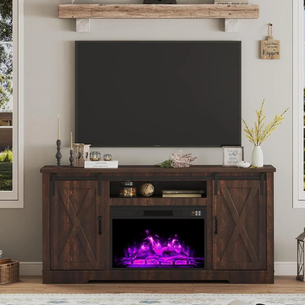 AMERLIFE Fireplace TV Stand with Sliding Barn Door for TVs up to 73", Farmhouse 63" Fireplace Entertainment Center with Storage Cabinets/Adjustable Shelves
