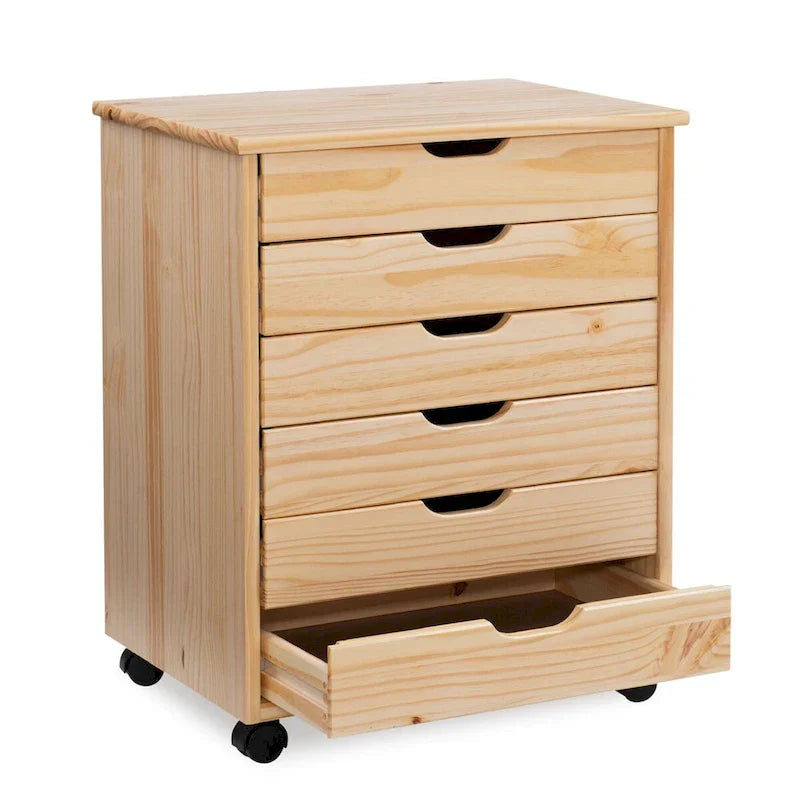 25.25-Inch Natural Brown Wide Rolling Storage Cabinet Featuring 6 Drawers