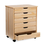 25.25-Inch Natural Brown Wide Rolling Storage Cabinet Featuring 6 Drawers