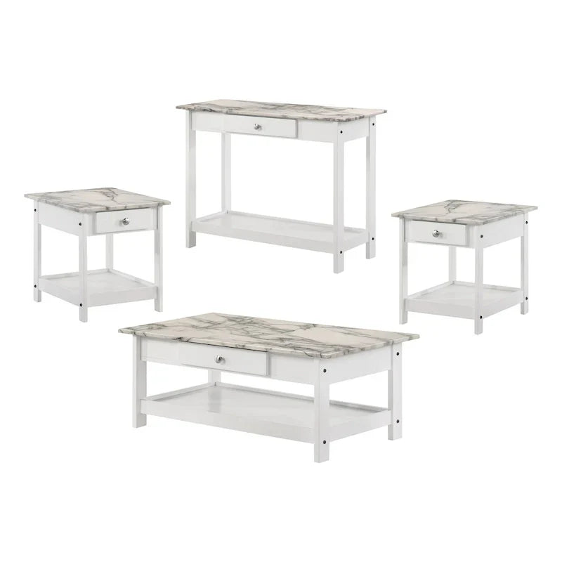 Denhour DH BASIC 4-Piece Open-Shelf Coffee Table Set with Drawer in Transitional Rubberwood