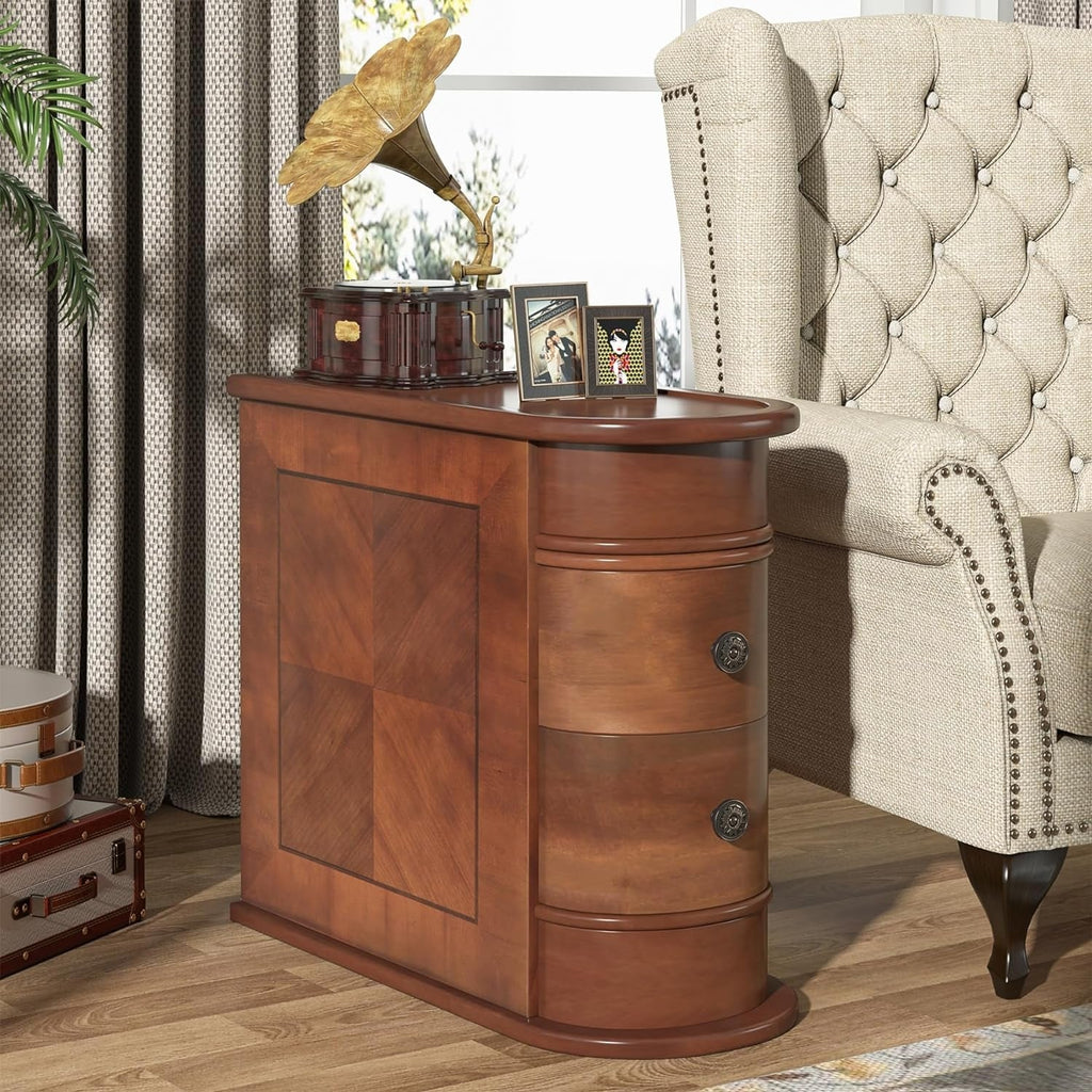 Solid Wood Chairside End Table, Two-Drawer Narrow Side Table Slim