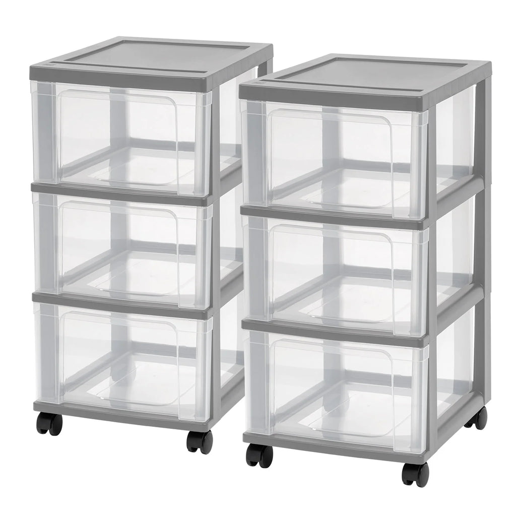 3-Drawer Narrow Plastic Storage Drawer Cart, Gray, Set of 2