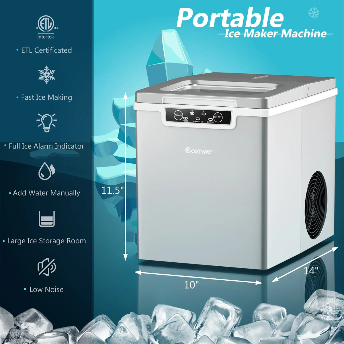 Costway Ice Maker Machine Countertop 26Lbs/24H Portable W/Scoop & Basket Silver