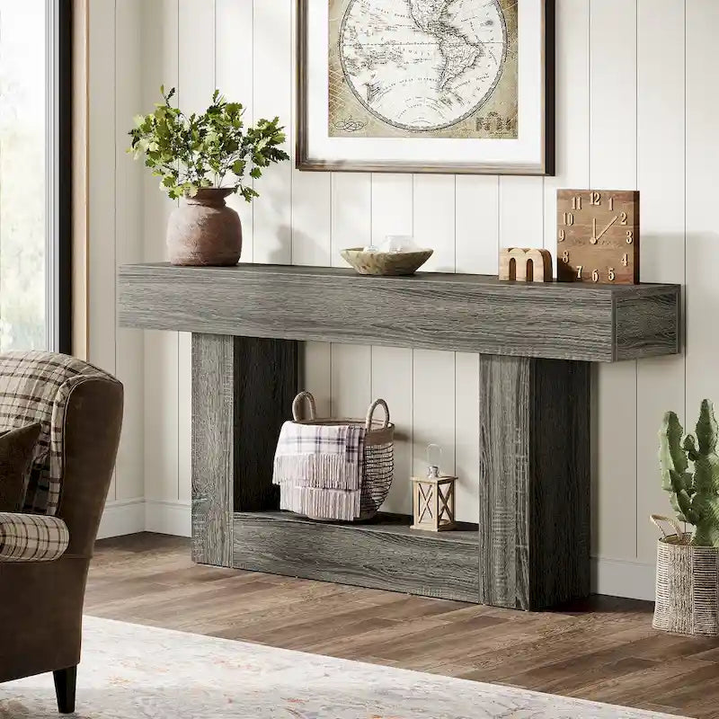 63-Inch Brown and Gray Slim Wooden Console Table for Entryway