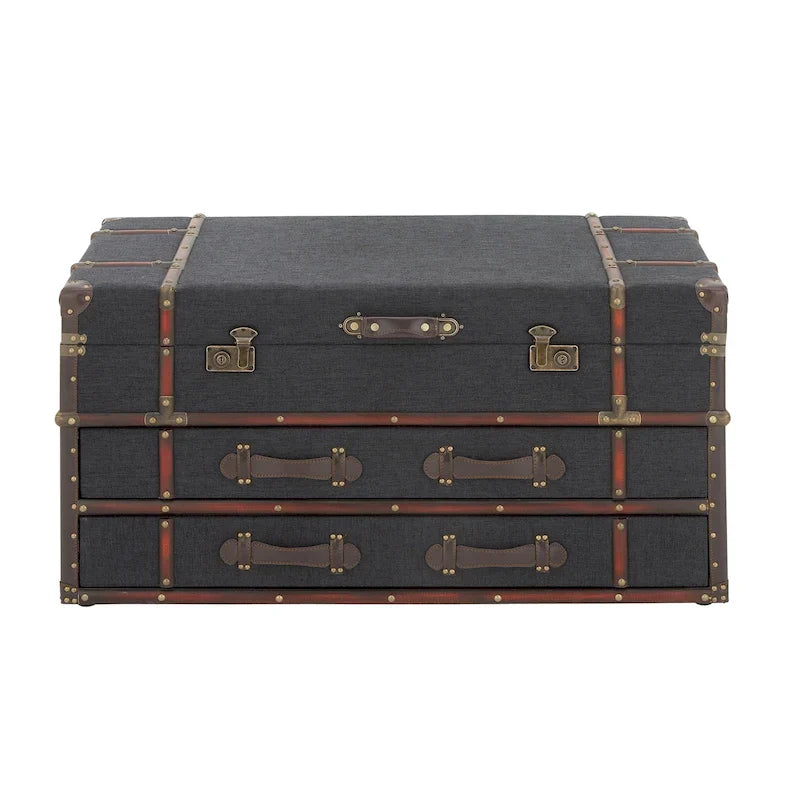 Roche River Decor Faux Leather or Linen Fabric Coffee Table Trunk with 2 Drawers and Buckle Hinged Top - Available in Dark Blue or Brown