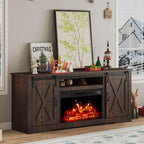 AMERLIFE Fireplace TV Stand with Sliding Barn Door for TVs up to 73", Farmhouse 63" Fireplace Entertainment Center with Storage Cabinets/Adjustable Shelves