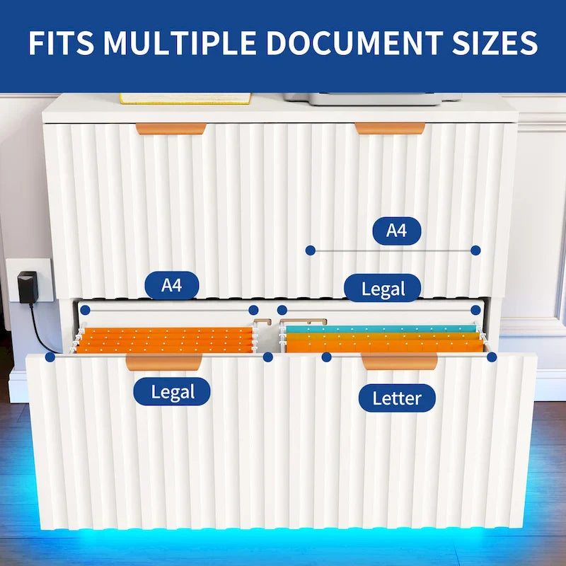 Moasis Lateral Filing Cabinet with LED Lighting and 2 Drawers for Home Office