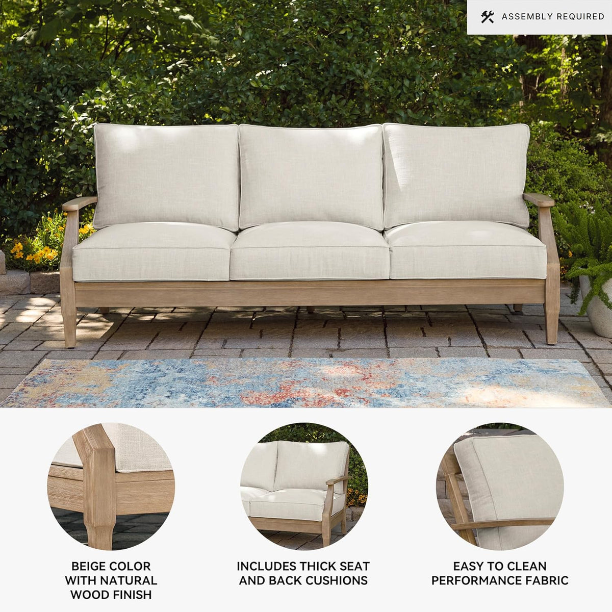 Signature Design by Ashley Clare View Coastal Outdoor Patio Eucalyptus Sofa with Cushions, Beige