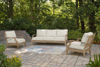 Signature Design by Ashley Clare View Coastal Outdoor Patio Eucalyptus Sofa with Cushions, Beige