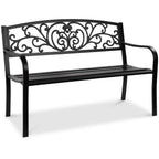 Best Choice Products Outdoor Steel Bench Garden Patio Porch Furniture W/ Floral Design Backrest - Black