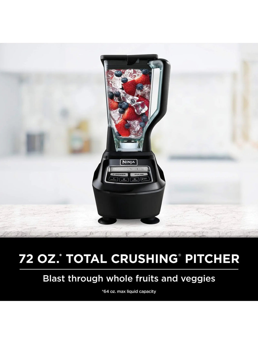 1500W, 4 Functions for Smoothies, Processing, Dough, Drinks & More, with 72 oz.* Blender Pitcher, 64 oz. Processor Bowl, (2) 16 oz. To Go Cups & (2) Lids, Black