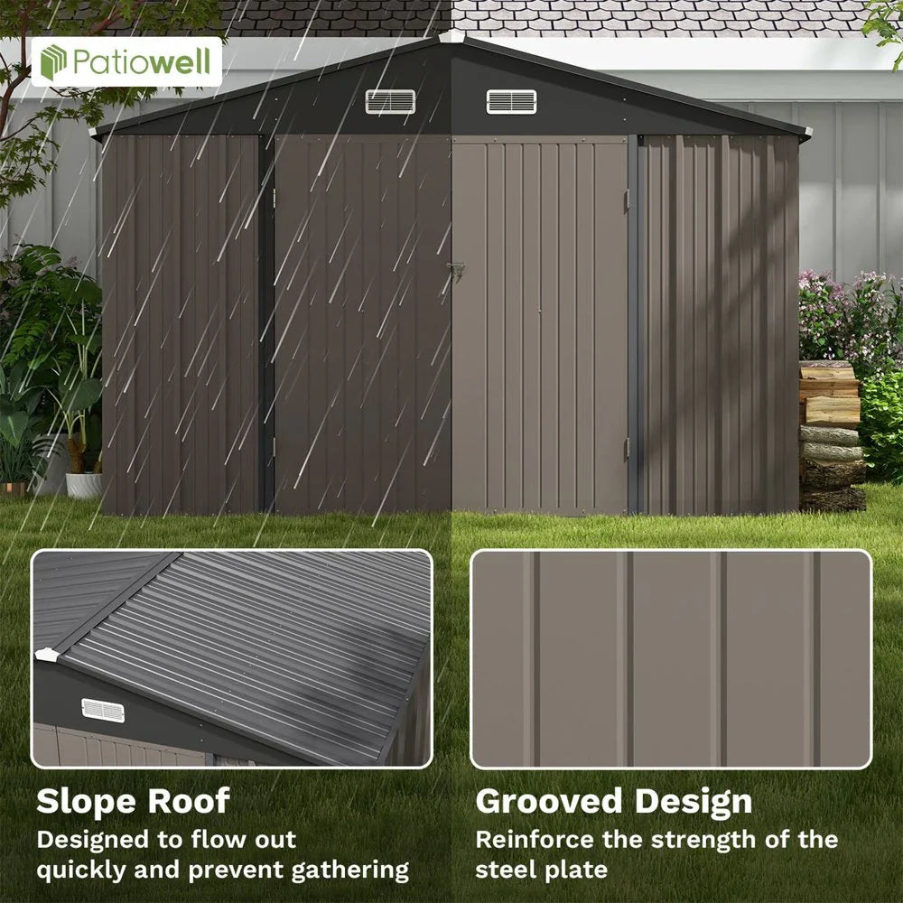 Patiowell 10×10 ft Metal Storage Shed, Sloping Roof, Double Lockable Doors, Galvanized Steel, Coffee Brown