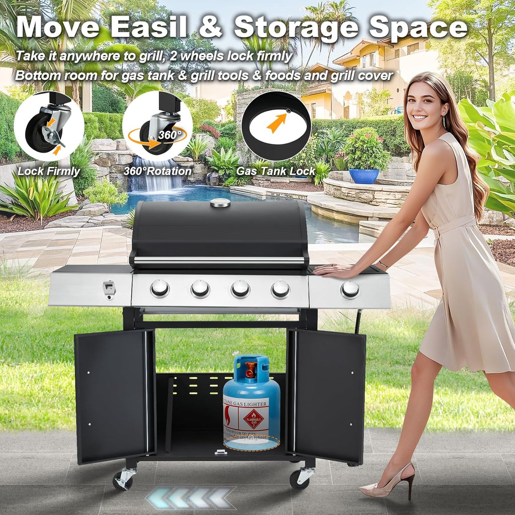 Upgraded 4 Burner BBQ Propane Gas Grill with Cast Iron Grates & Side Stove, 44,000 BTU Stainless Steel Burner Barbecue Grill for Patio, Camping, Outdoor Cooking.