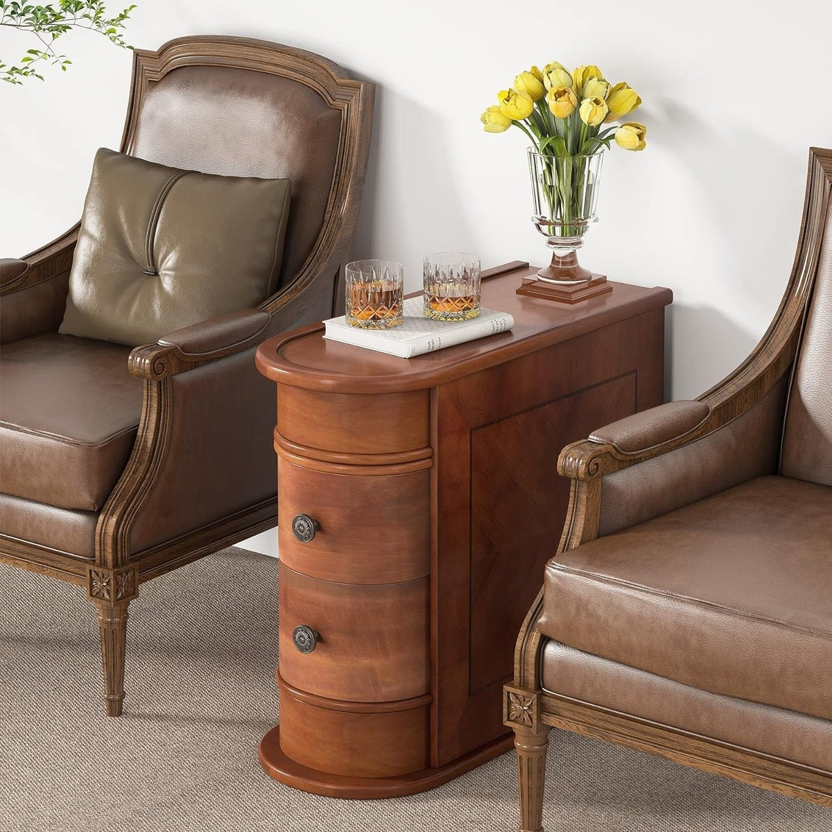 Solid Wood Chairside End Table, Two-Drawer Narrow Side Table Slim