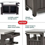 Keter Unity XL Outdoor Kitchen Bar Rolling Cart with Storage Cabinet, Brown