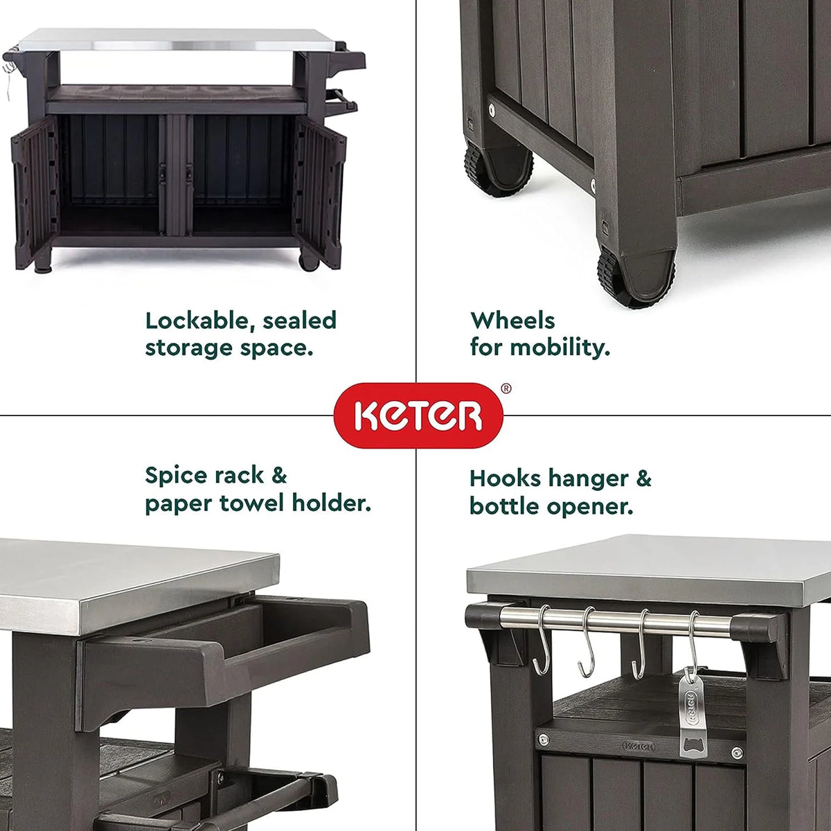 Keter Unity XL Outdoor Kitchen Bar Rolling Cart with Storage Cabinet, Brown