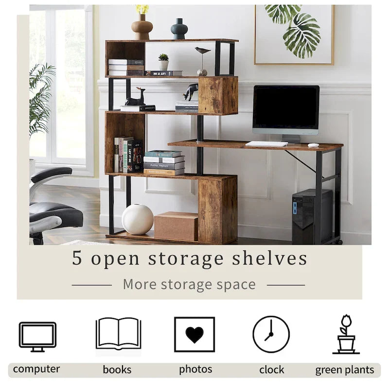Modern Computer Desk with 5-Tier Shelves – Space-Saving Rotatable Workstation