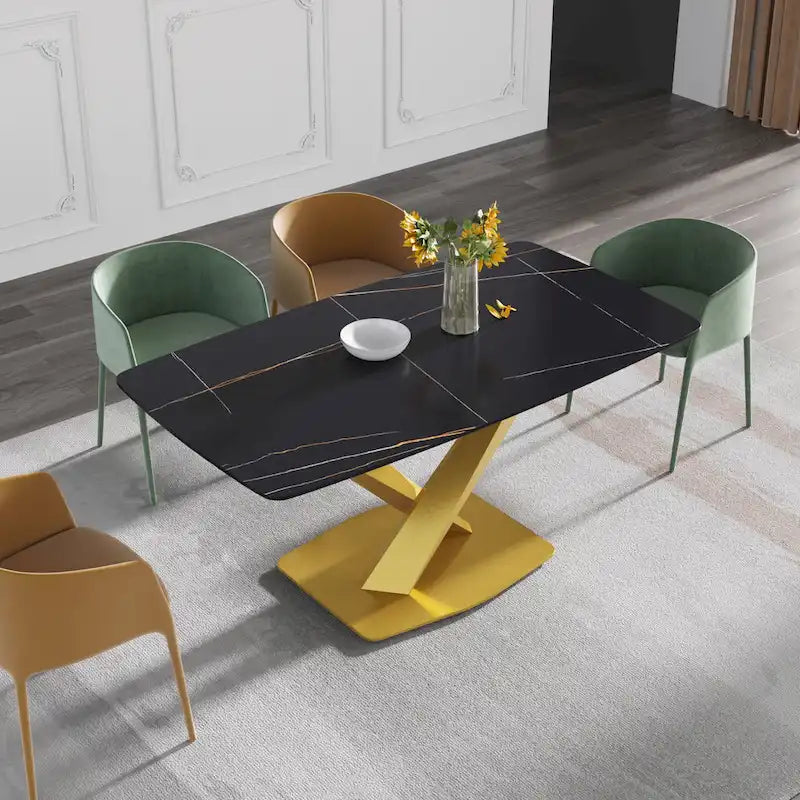63-Inch Contemporary Dining Table with Slate Stone Surface and Metal Legs, Marble Finish