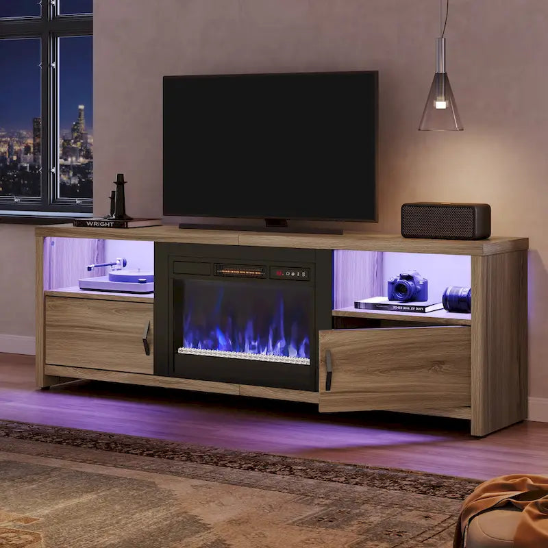71-Inch TV Stand for 75-Inch TVs with LED Fireplace and Storage Cabinet