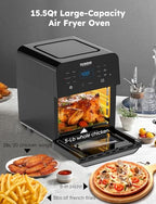 Air Fryer Oven, 15.5Qt X Large Family Size, SS Rotisserie Basket &Skewer Kit, Reversible Ultra Non Stick Grill/Griddle Plate, Powerful 1800W, Integrated Smart Thermometer,Black
