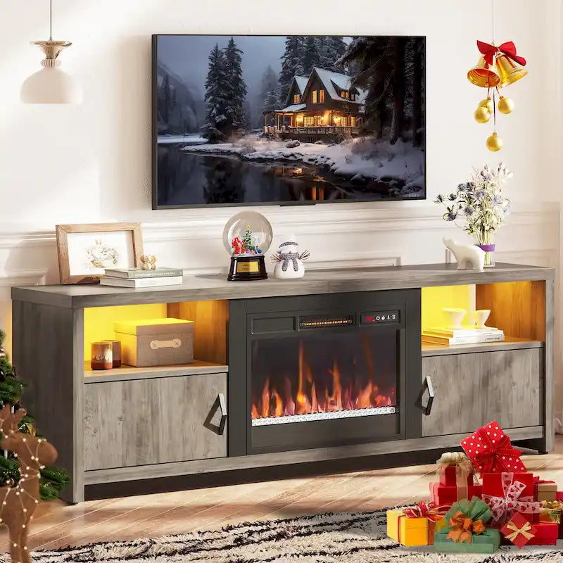 71-Inch TV Stand for 75-Inch TVs with LED Fireplace and Storage Cabinet